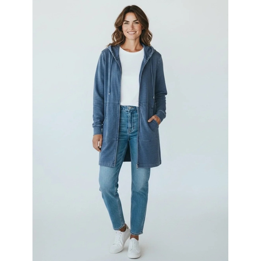 J Jill Pure Indigo Blue Hooded Zip Up Long Sweatshirt Jacket Sz L Pockets NWT